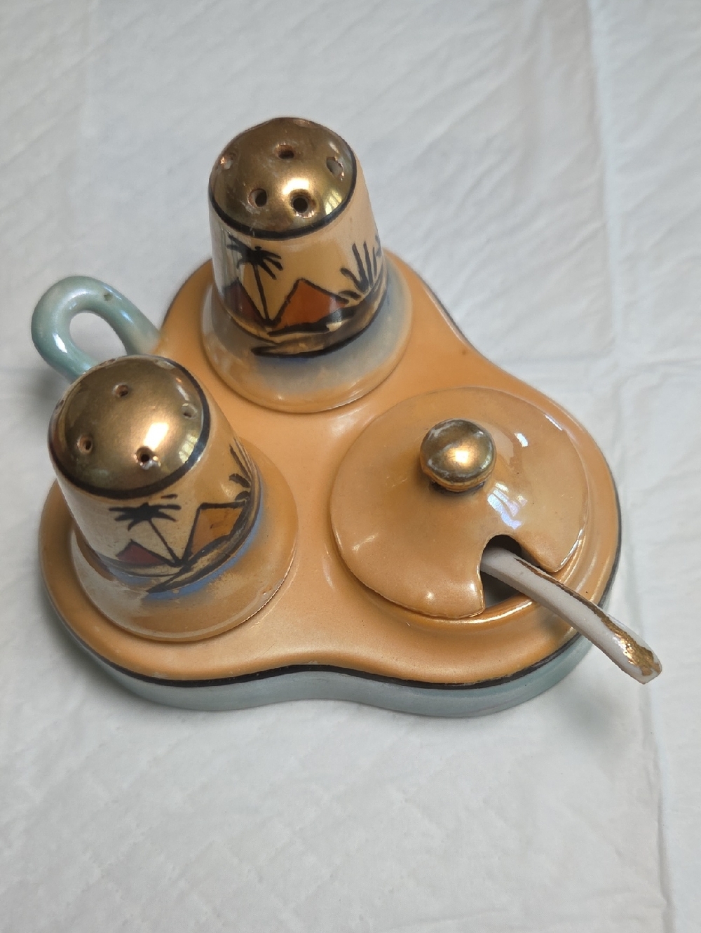 VINTAGE Japanese LUSTERWARE/LUSTREWARE Condiment Set With Tan/Light Blue Glaze